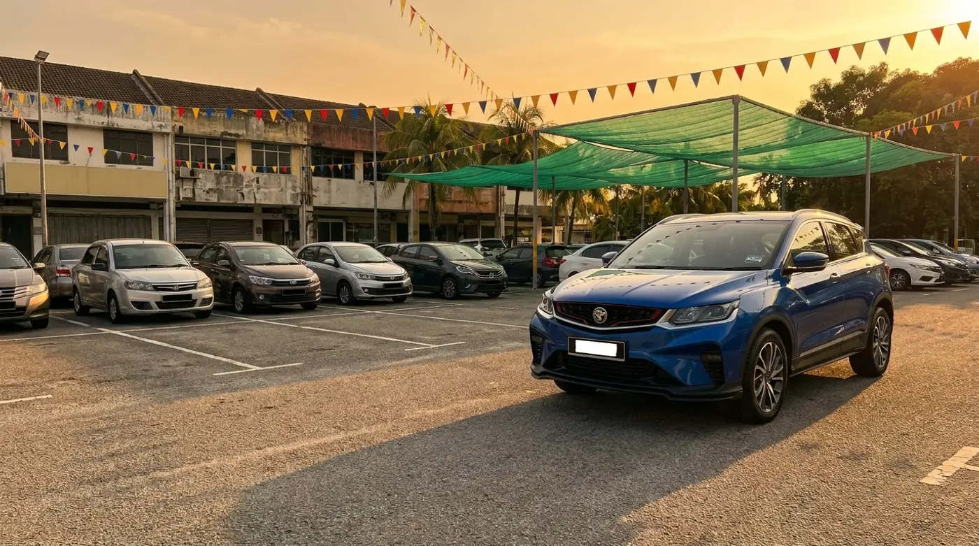 A blue Proton X50 on the Cheras used-car lot at golden hour, a row of cars and bunting behind