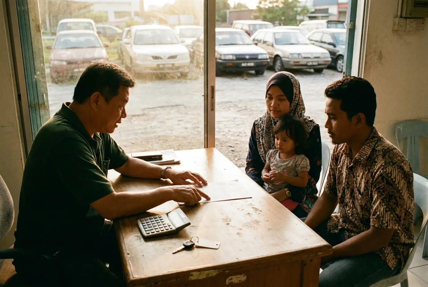 A KeretaKu salesman walking a family through a loan paper in the lot office
